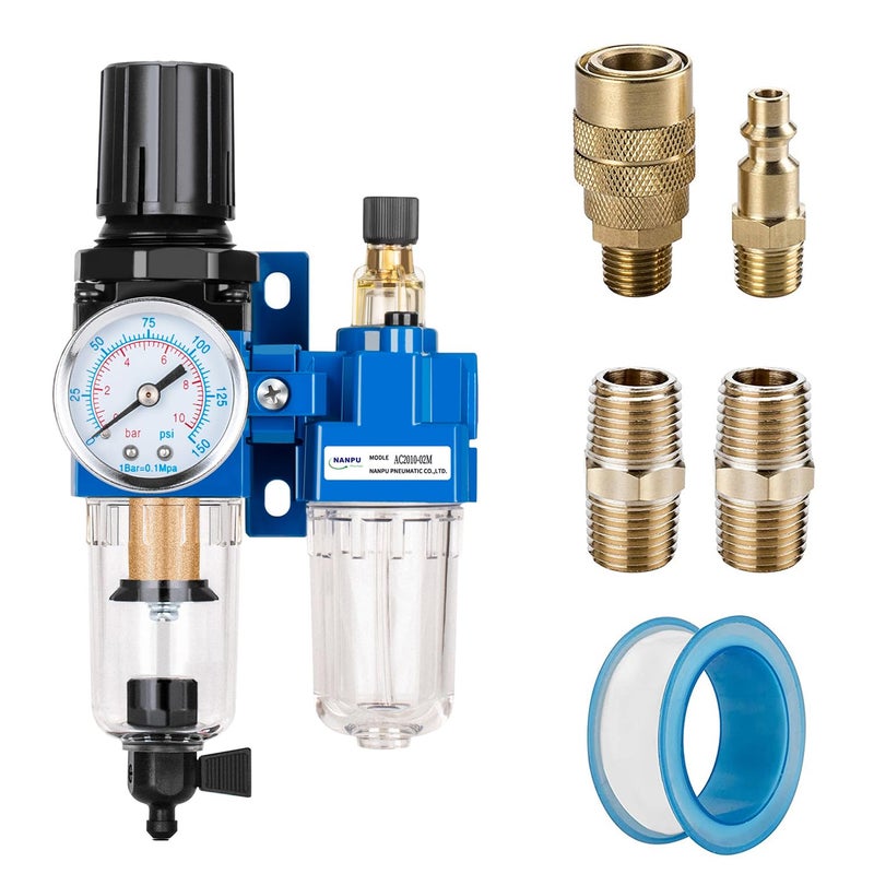 NANPU 1/4" NPT Compressed Air Filter Regulator Lubricator Combo, Water/Oil Trap Separator - Gauge(0-150 psi), Poly Bowl, Manual Drain, Bracket - AC2010-02M - Image 1